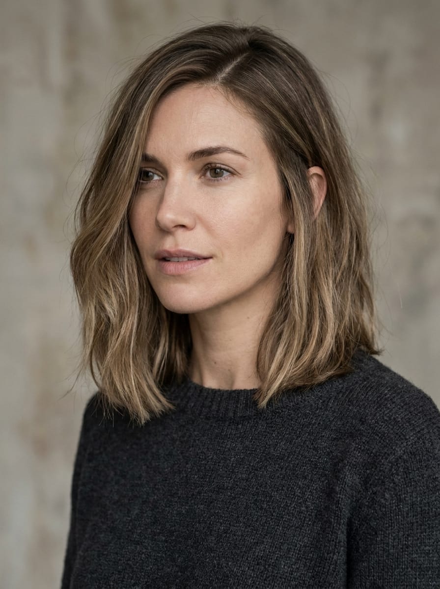 Dunkelblonder Long Bob mit Seitenscheitel - Mittellange Frisuren mit Seitenscheitel